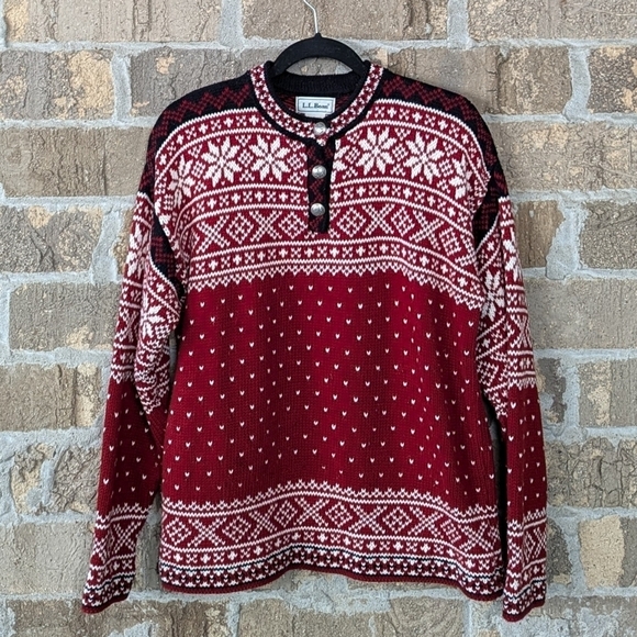 VTG 80s L.L. Bean Fair Isle Snowflake 100% Cotton Pullover Henley Sweater Small - Picture 7 of 7